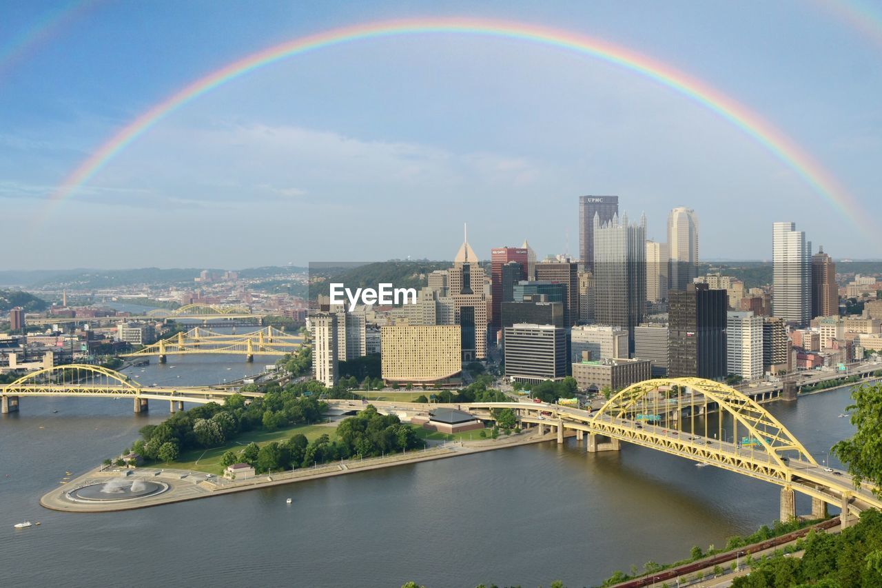 Scenic view of rainbow over river and buildings against sky
