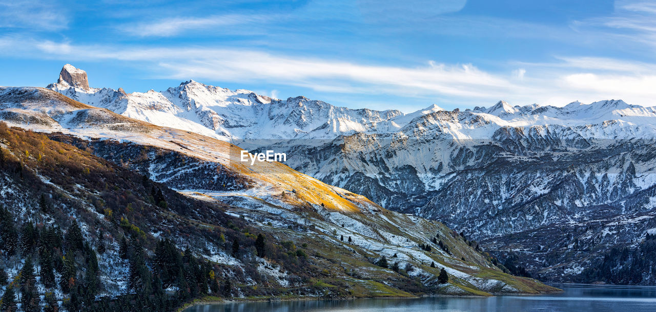 Scenic view of snowcapped mountains against sky