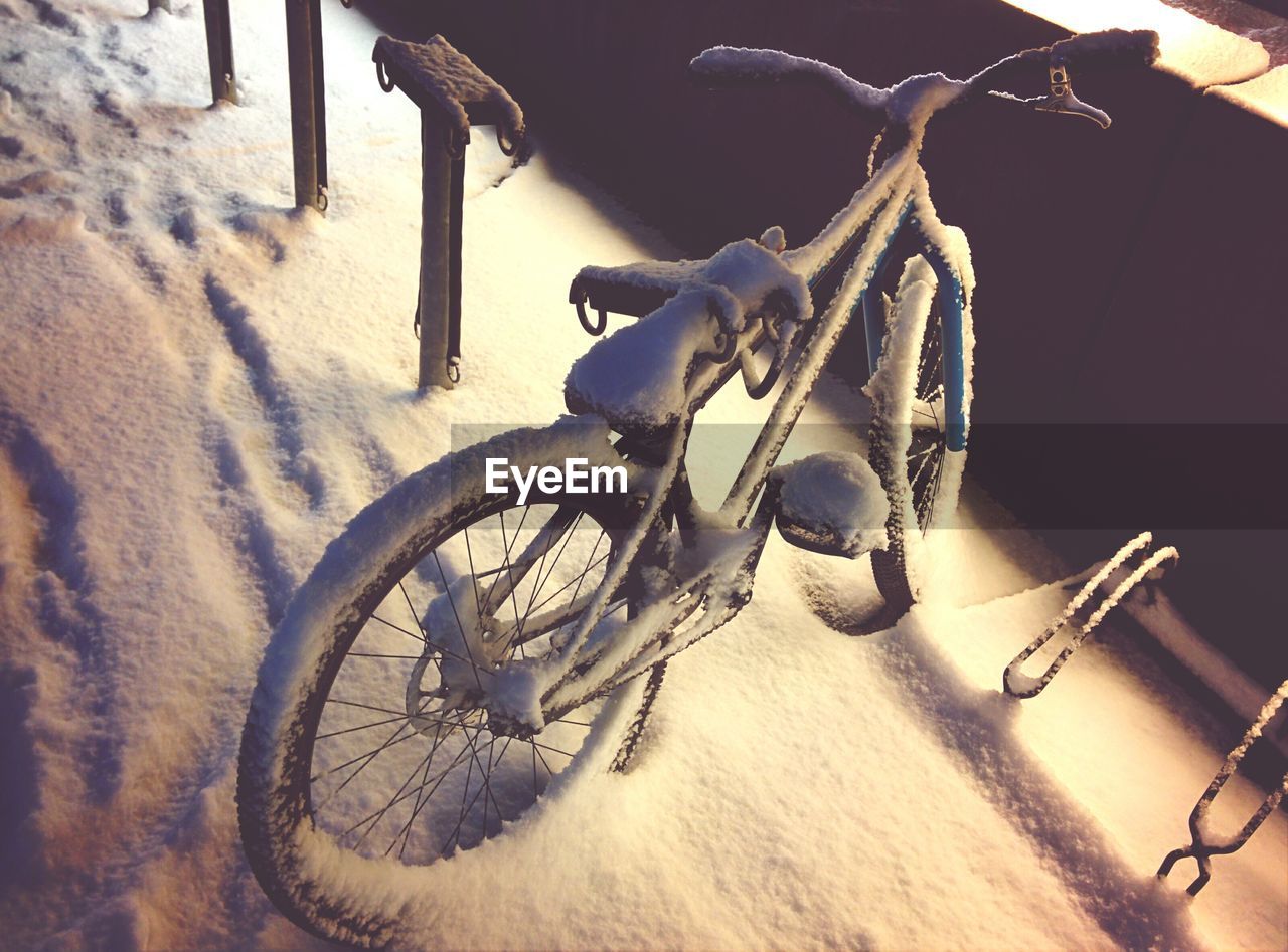 High angle view of frost bicycle