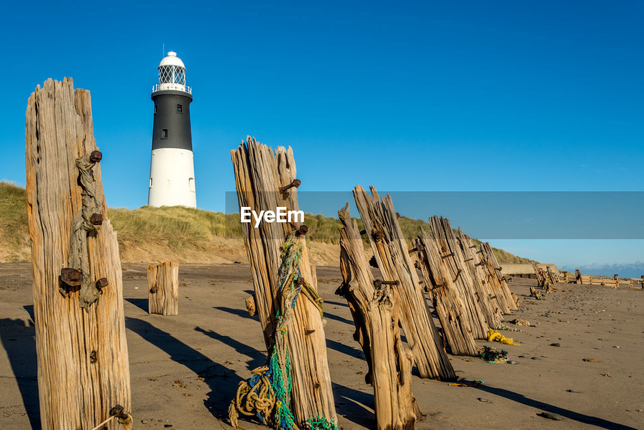 Wood at beach against blue sky