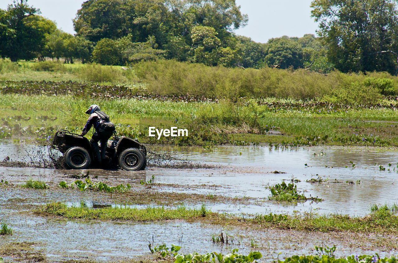 BICYCLE ON FIELD BY LAKE AGAINST TREES