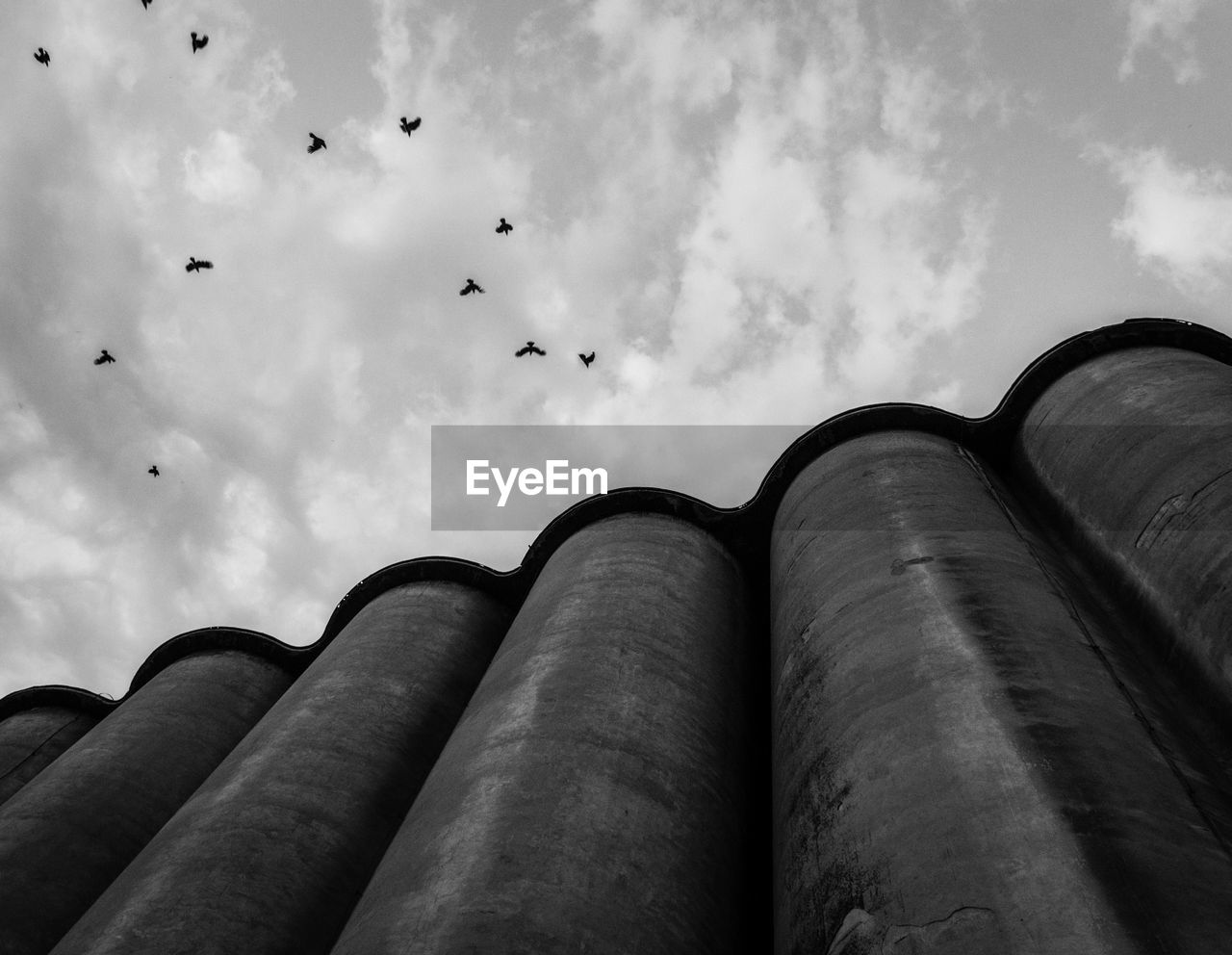 Low angle view of birds flying over silos against cloudy sky