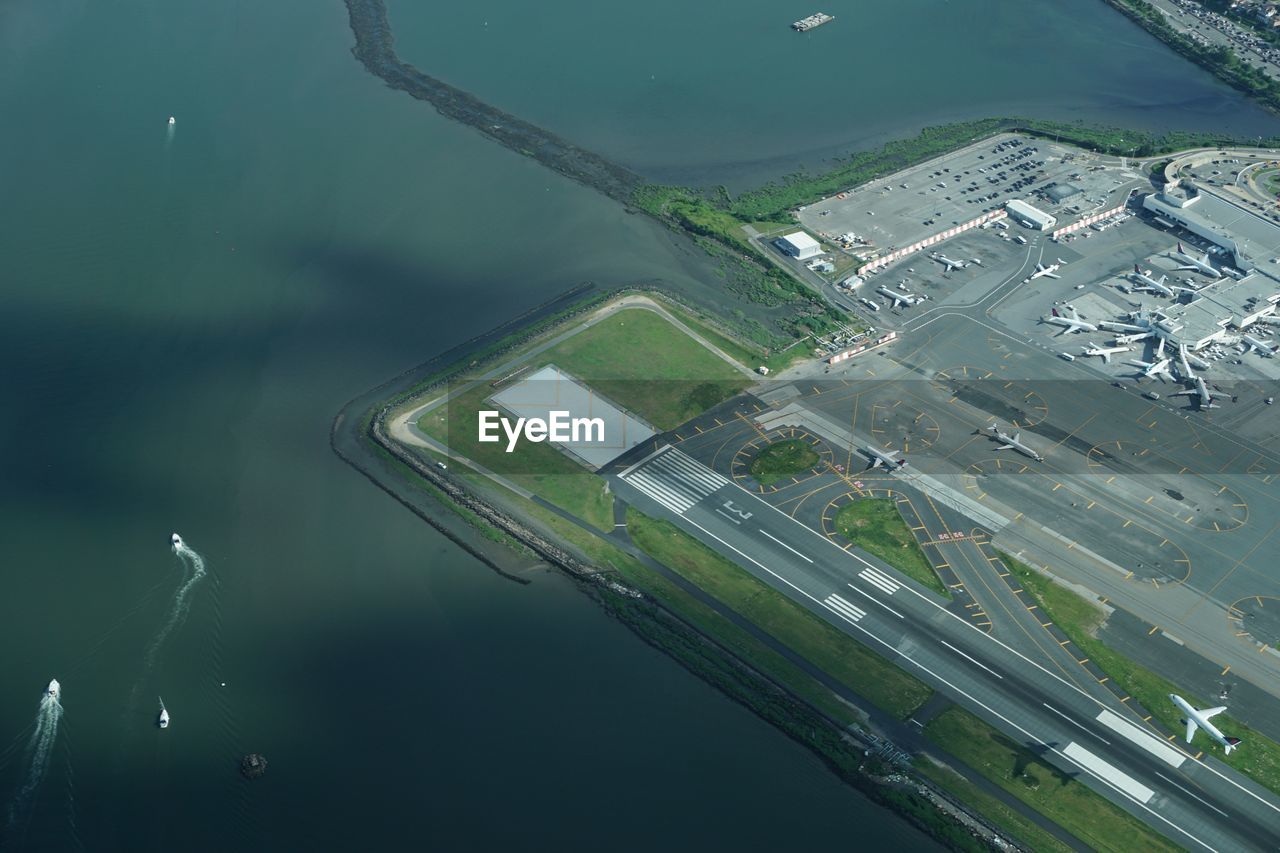 High angle view of airport by sea