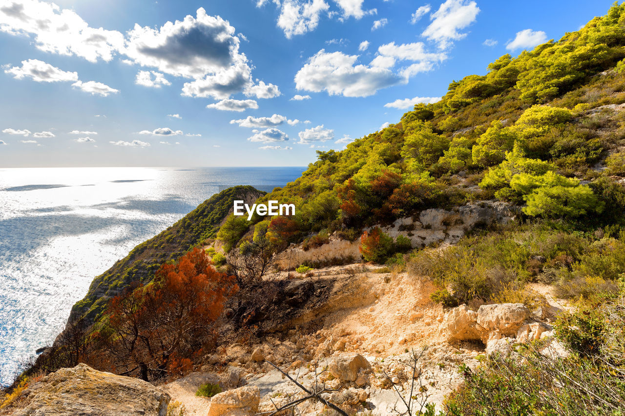 SCENIC VIEW OF SEA SHORE AGAINST SKY