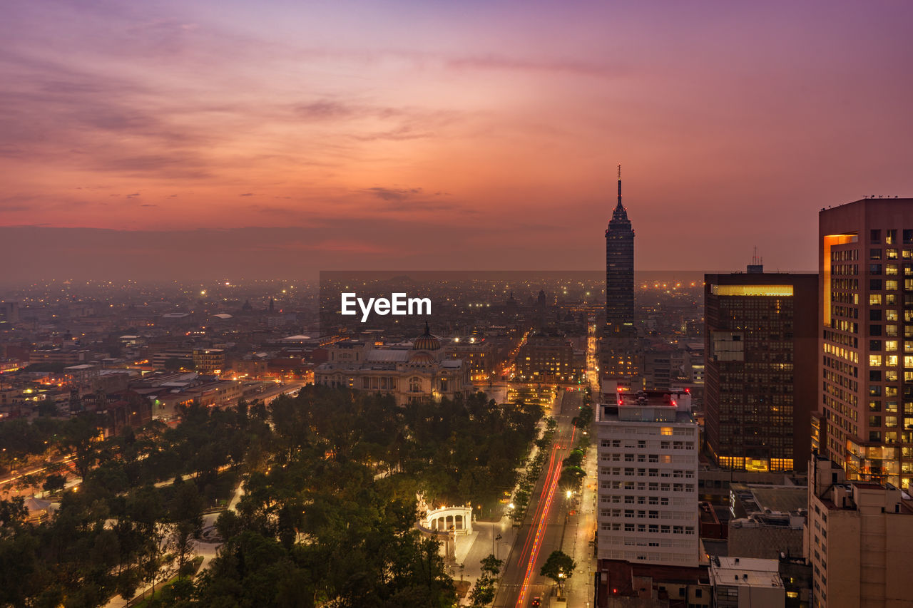 High angle shot of illuminated cityscape