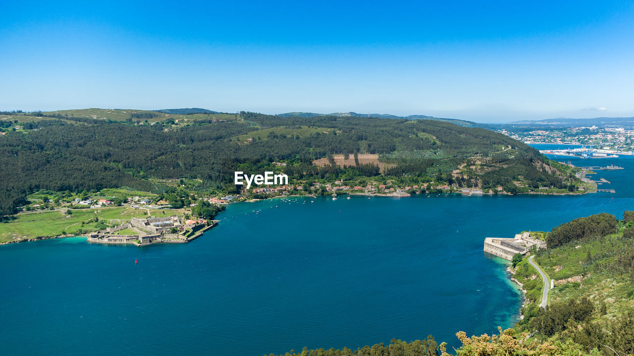 High angle view of sea against clear blue sky