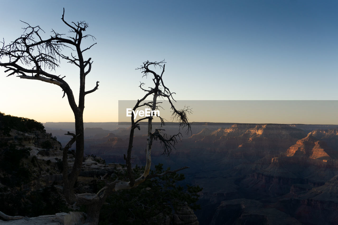 Scenic view of landscape against clear sky during sunset