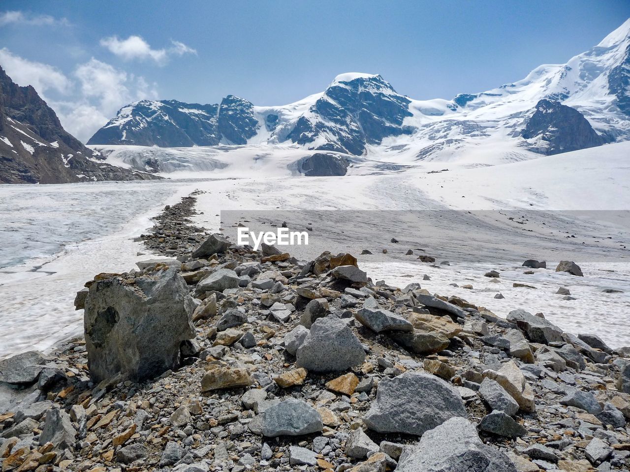 Scenic view of snow covered mountains against sky