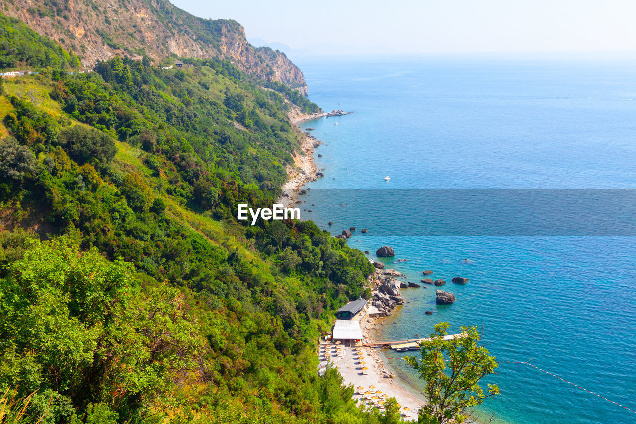 Aerial panorama of coastal mountains and sea . jaz beach budva montenegro
