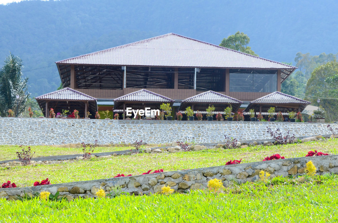 HOUSES ON FIELD BY BUILDING