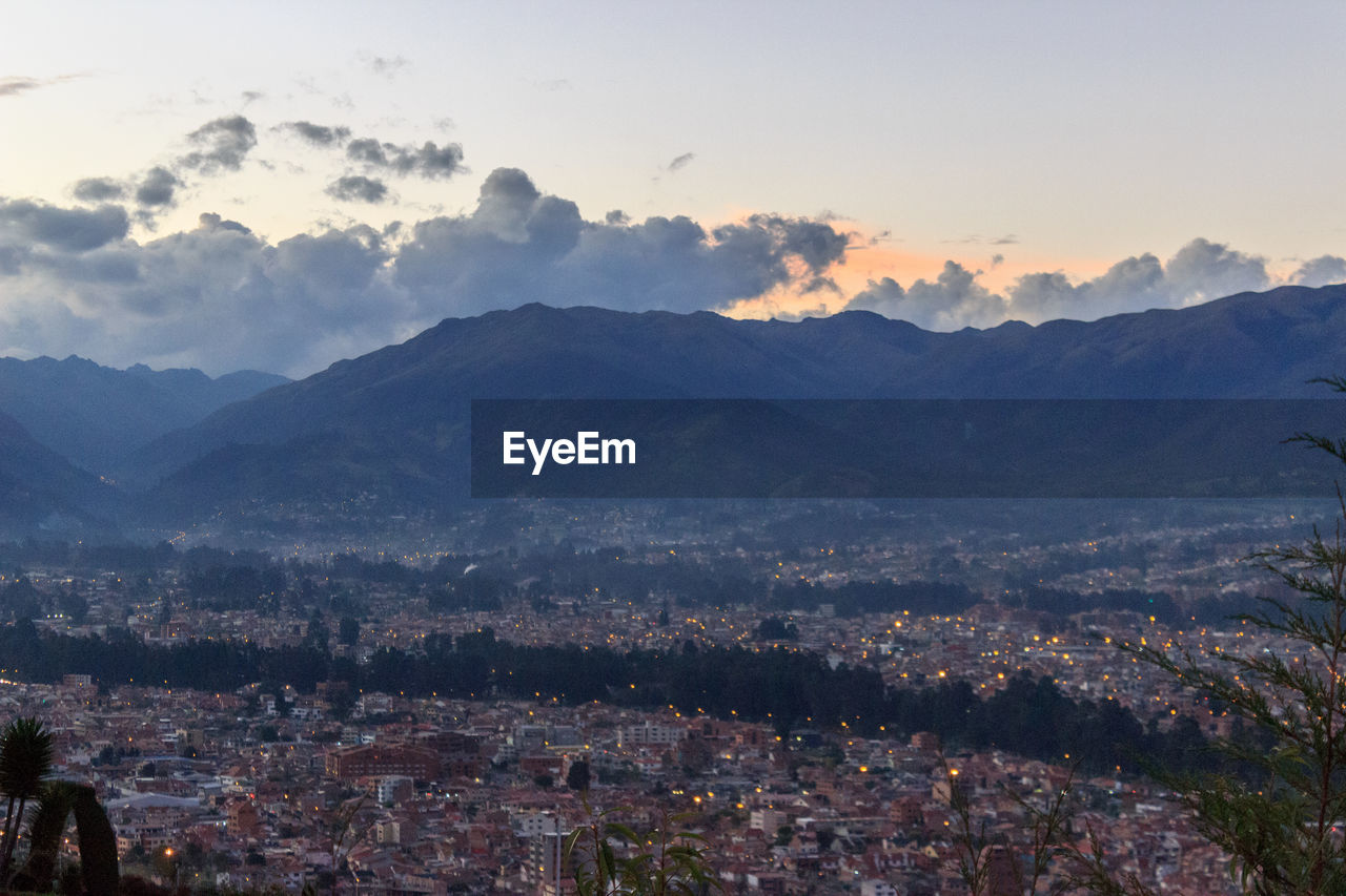 High angle view of townscape against sky during sunset