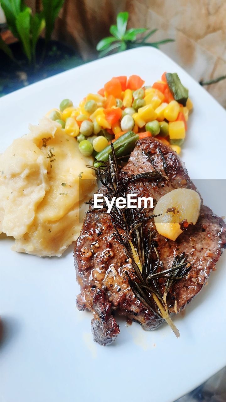 High angle view of meal served on table