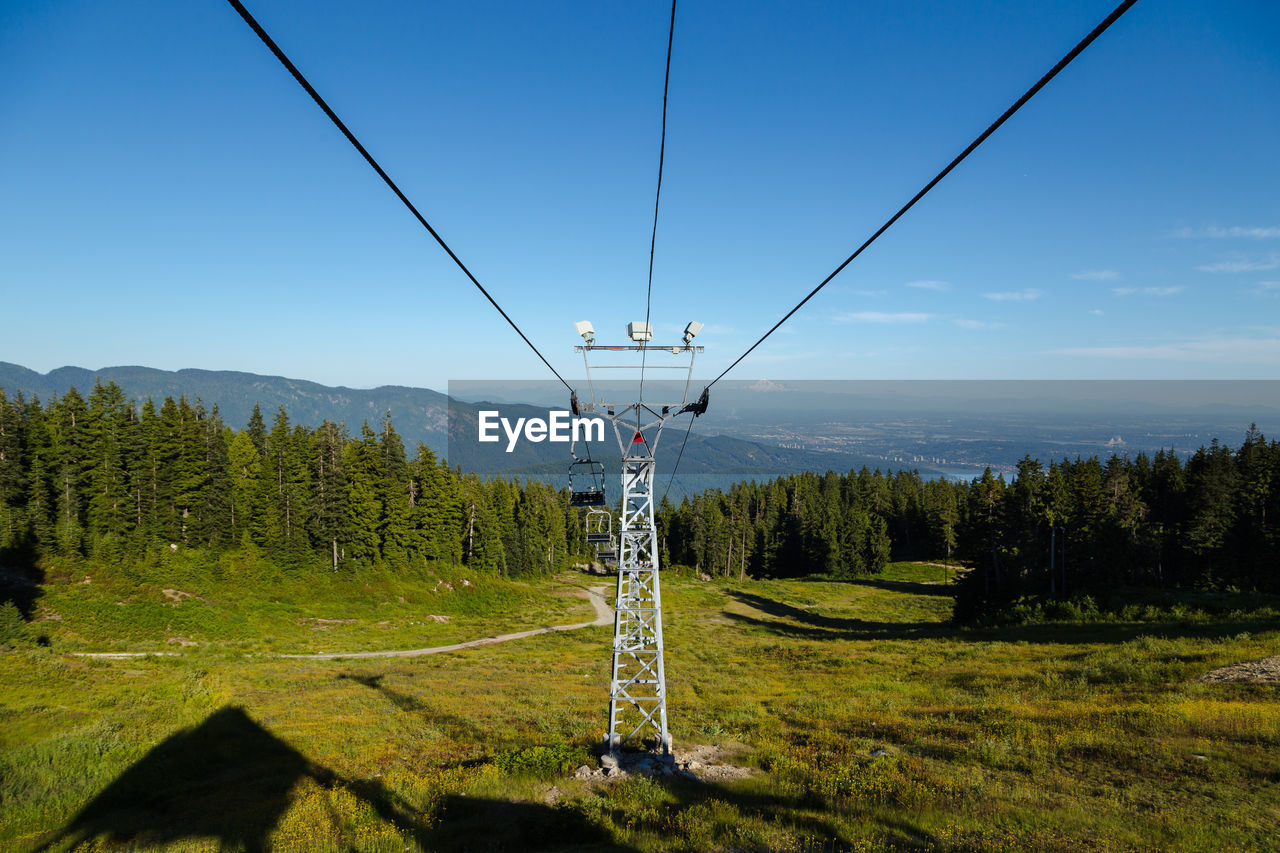 OVERHEAD CABLE CAR AGAINST TREES AND PLANTS AGAINST SKY