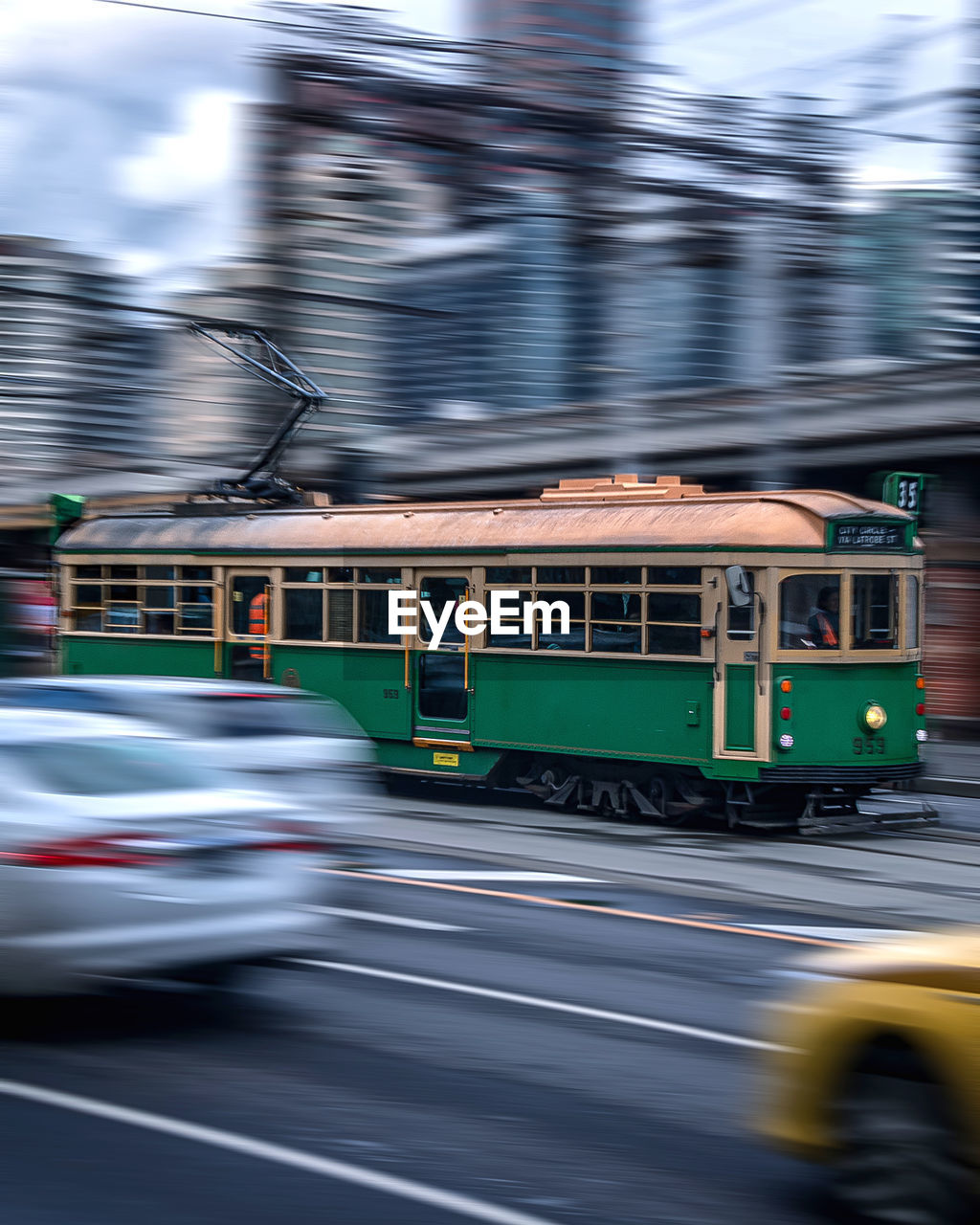 Blurred motion of tram train in city