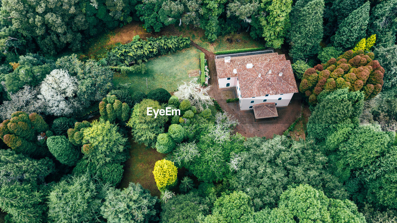 Drone aerial view of red roof tile house surrounded by trees