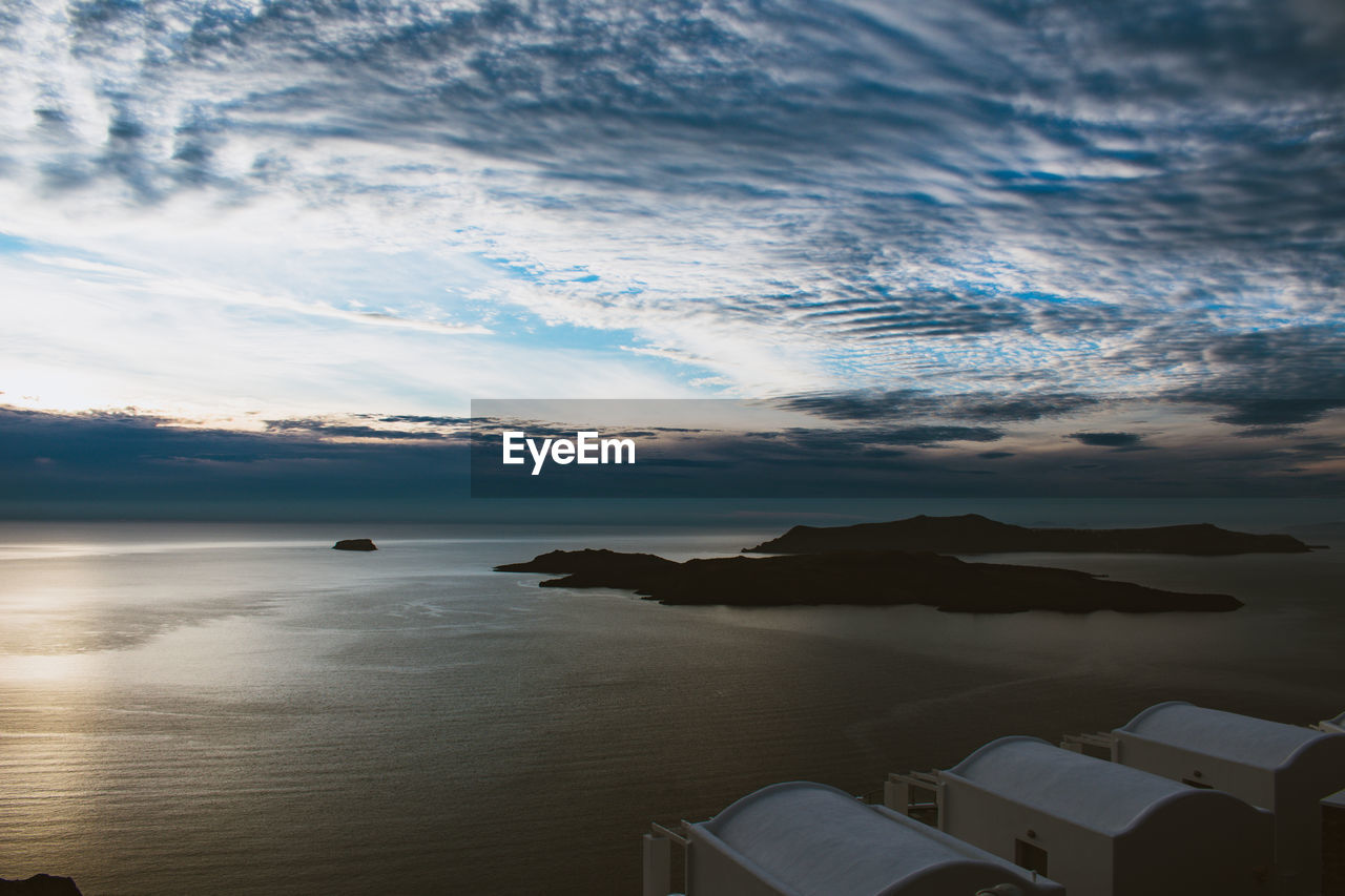 High angle view of sea against sky during sunset