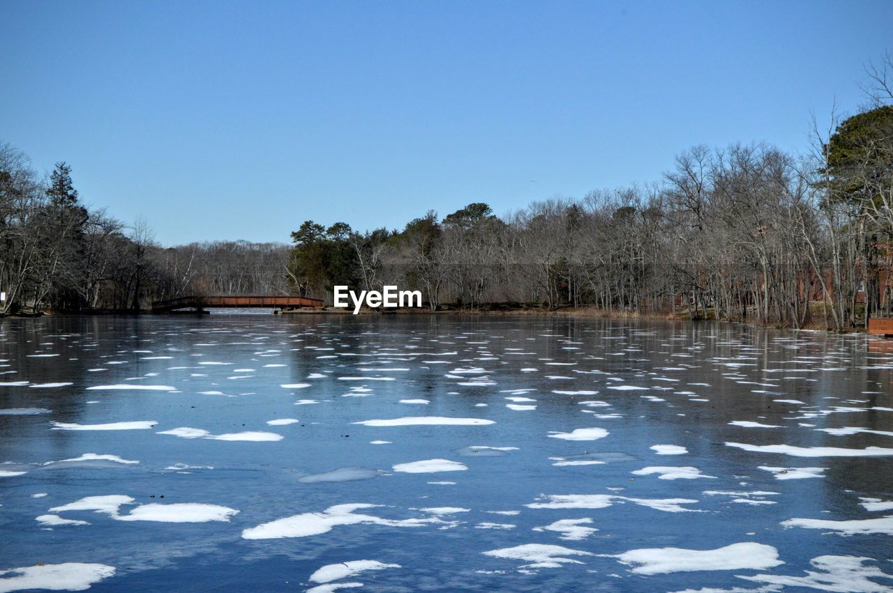 Scenic view of frozen lake by trees against clear blue sky