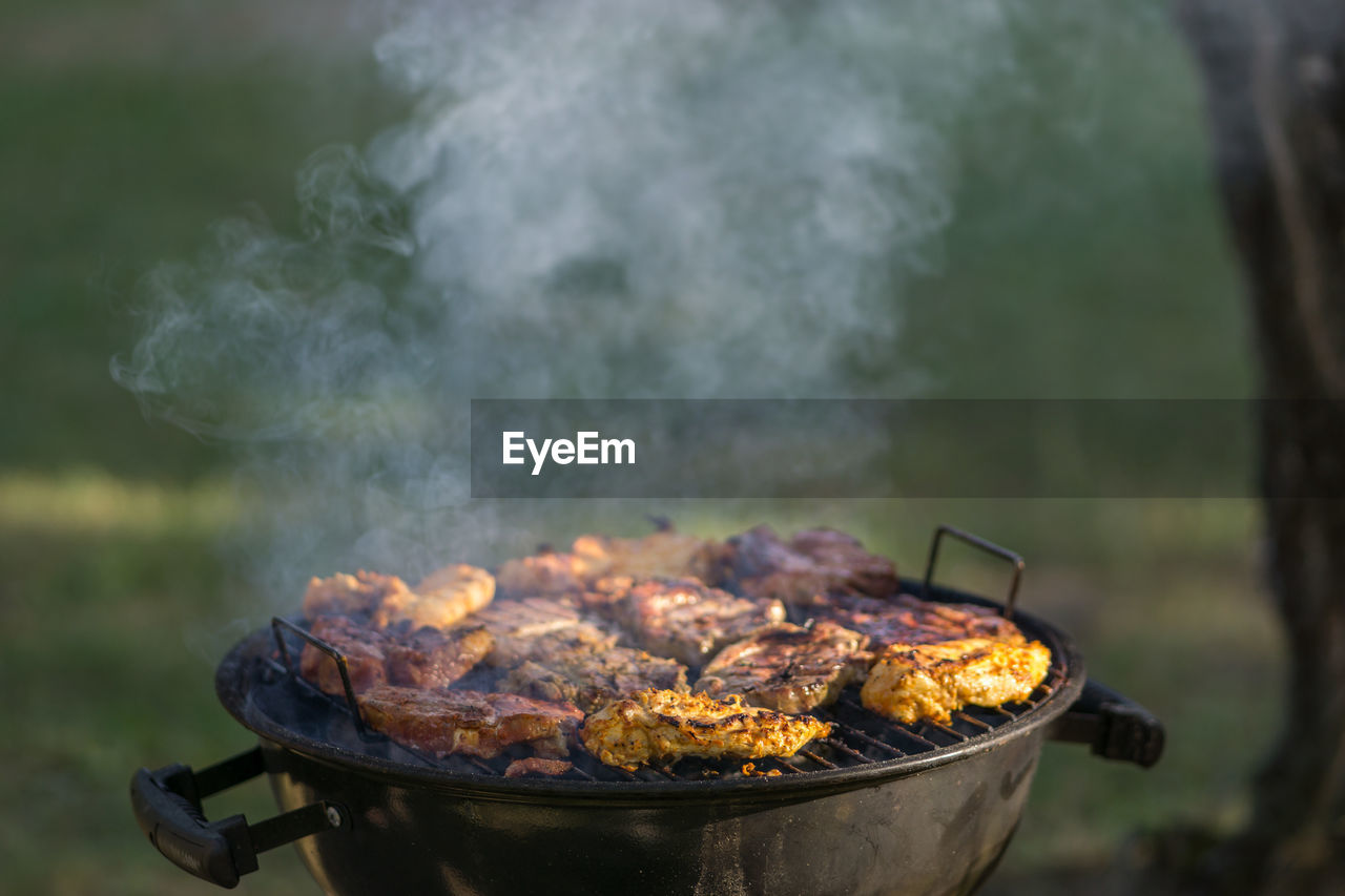 Close-up of meat on barbecue grill in yard