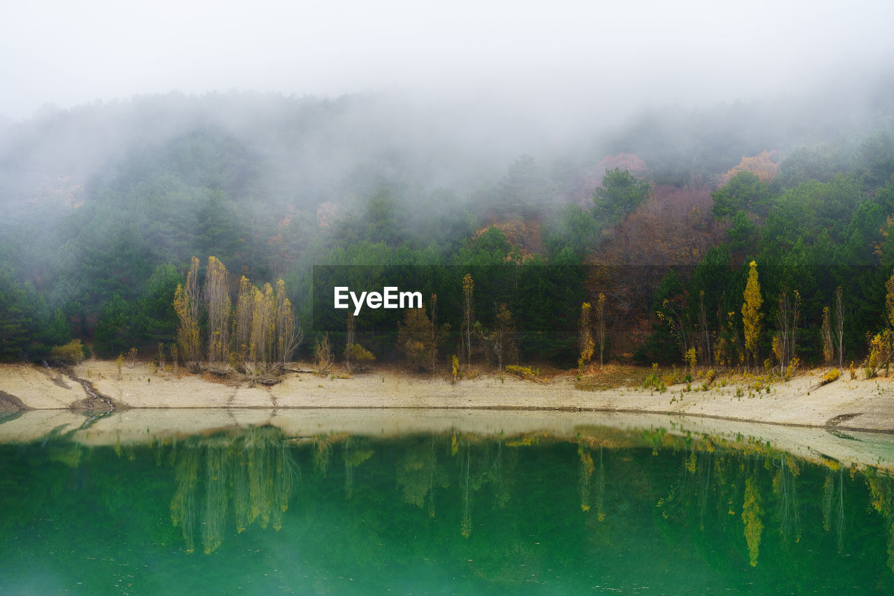 Beautiful turquoise lake among pine trees in forest in mountains in autumn fog