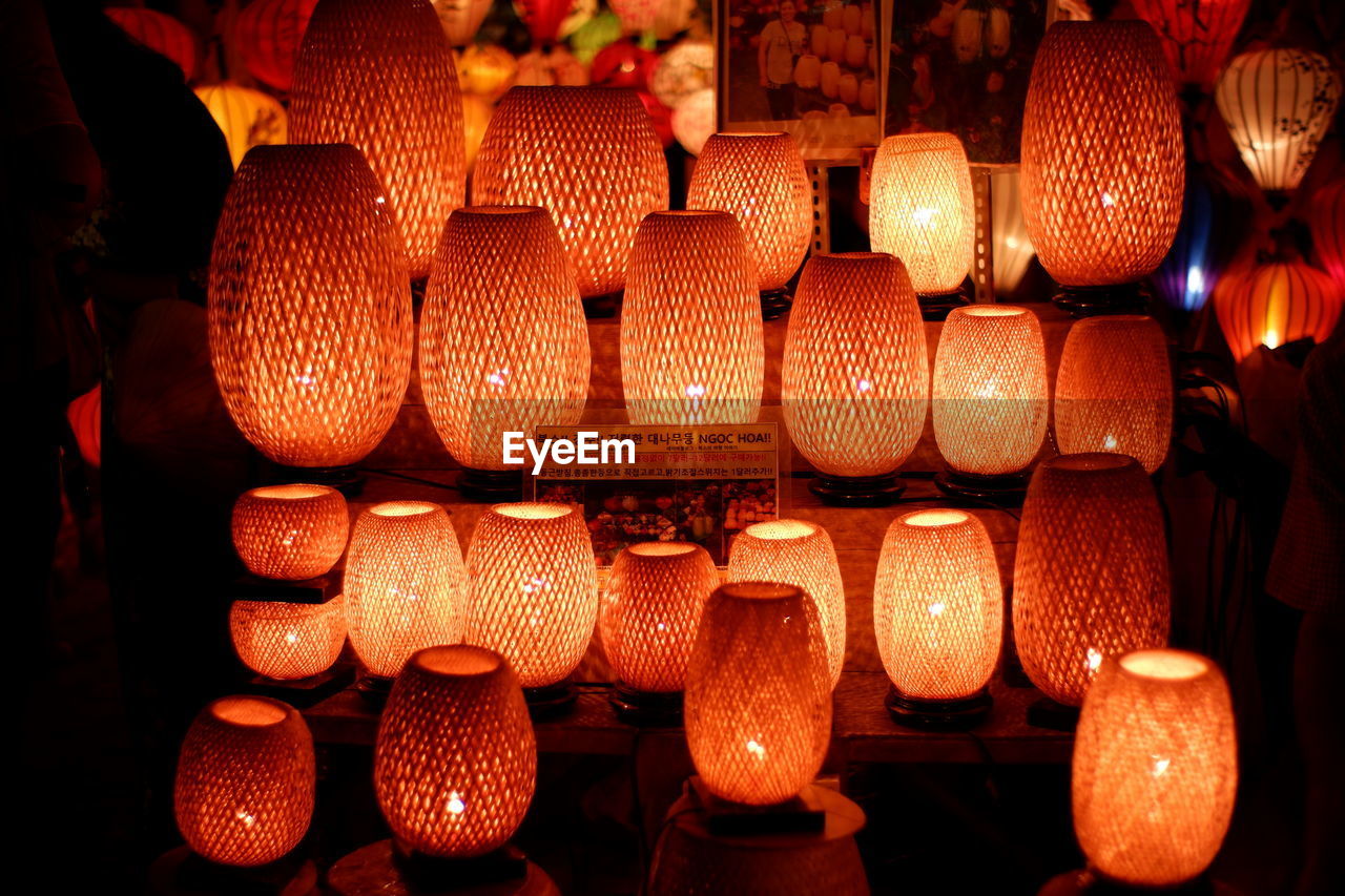 Close-up of illuminated lanterns at night