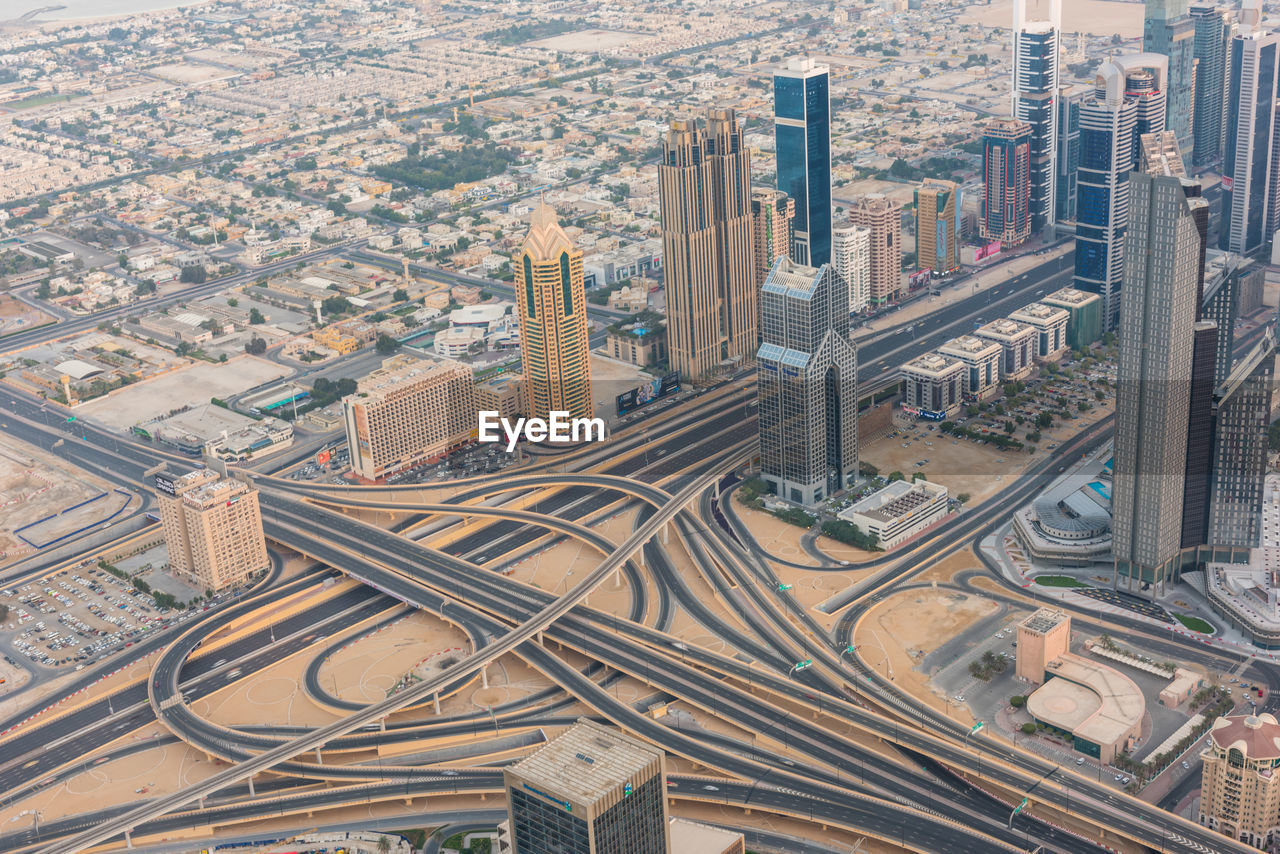 High angle view of modern buildings in city