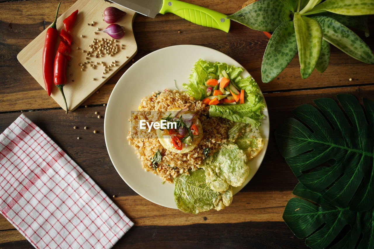 High angle view of breakfast on table