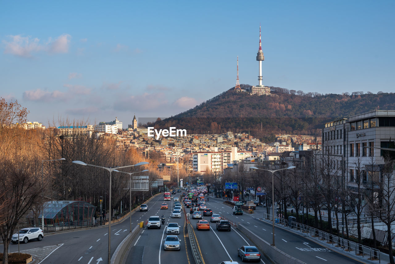 high angle view of city street against sky