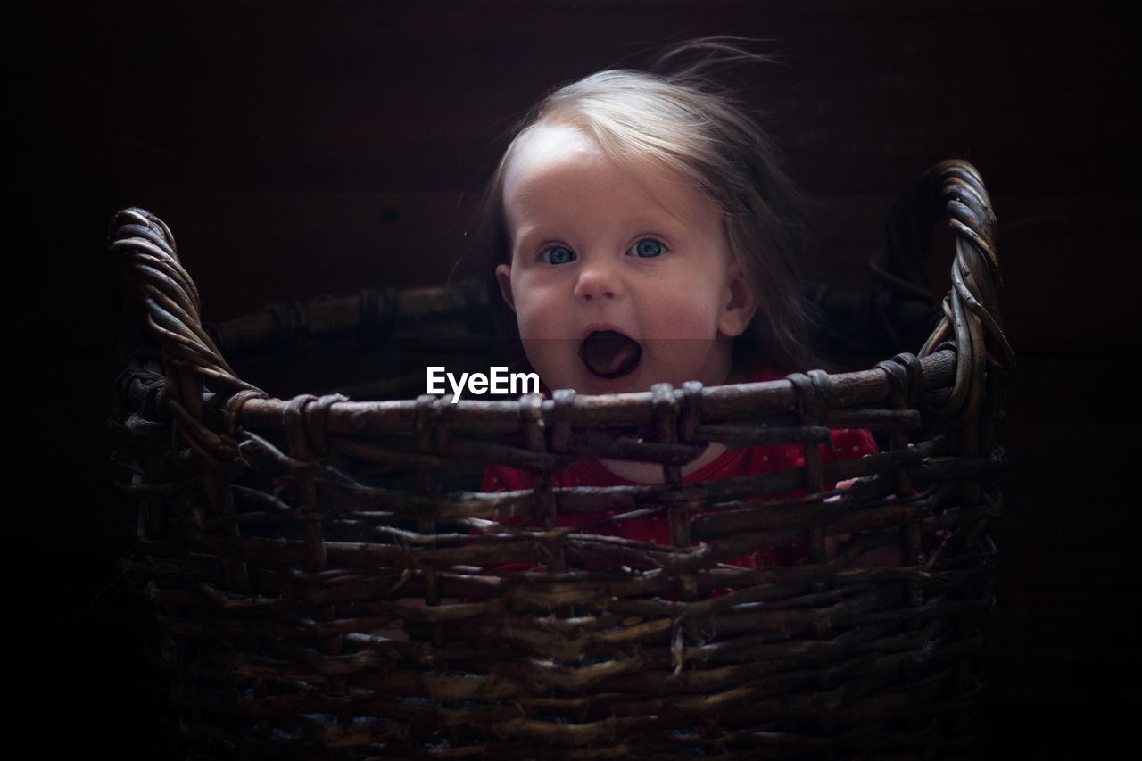 Portrait of cute girl with mouth open sitting in wicker basket