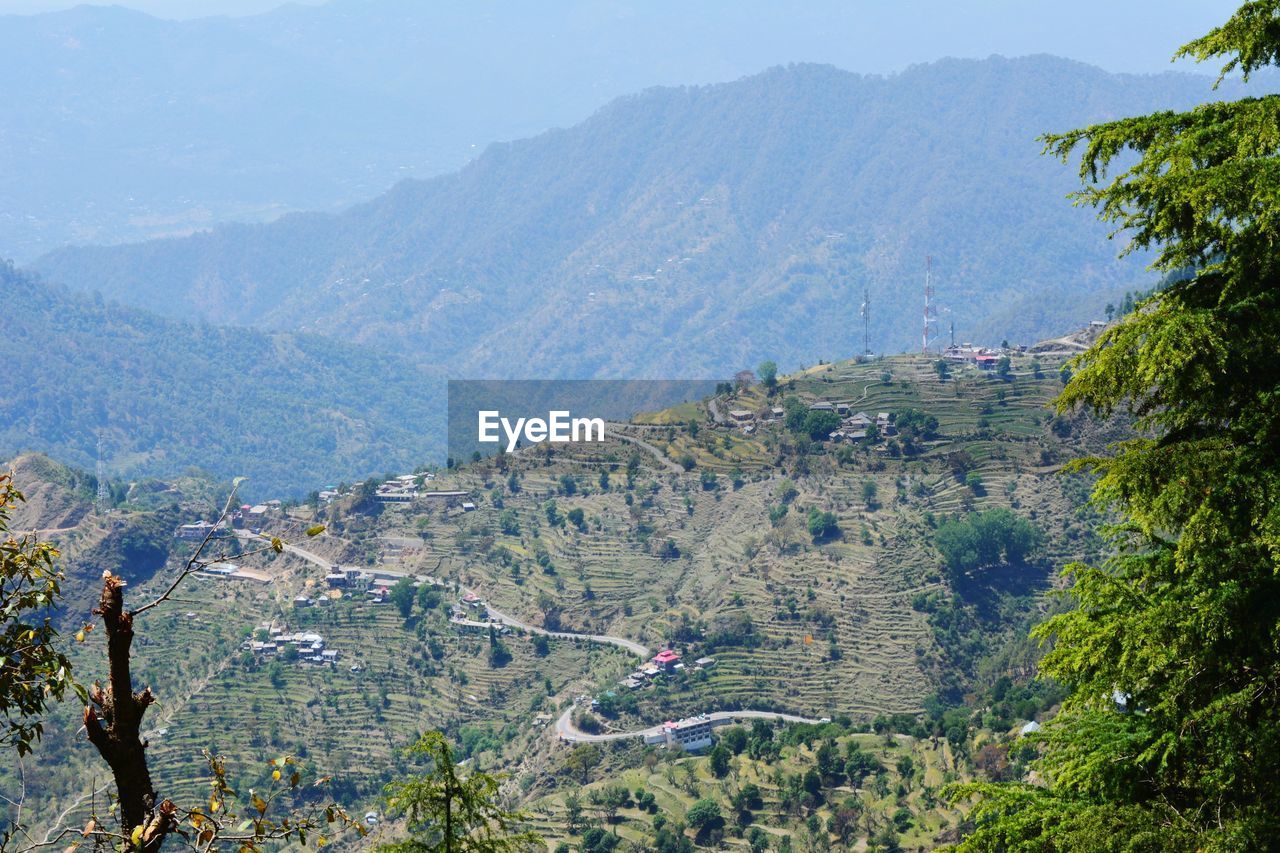 High angle view of landscape and mountains