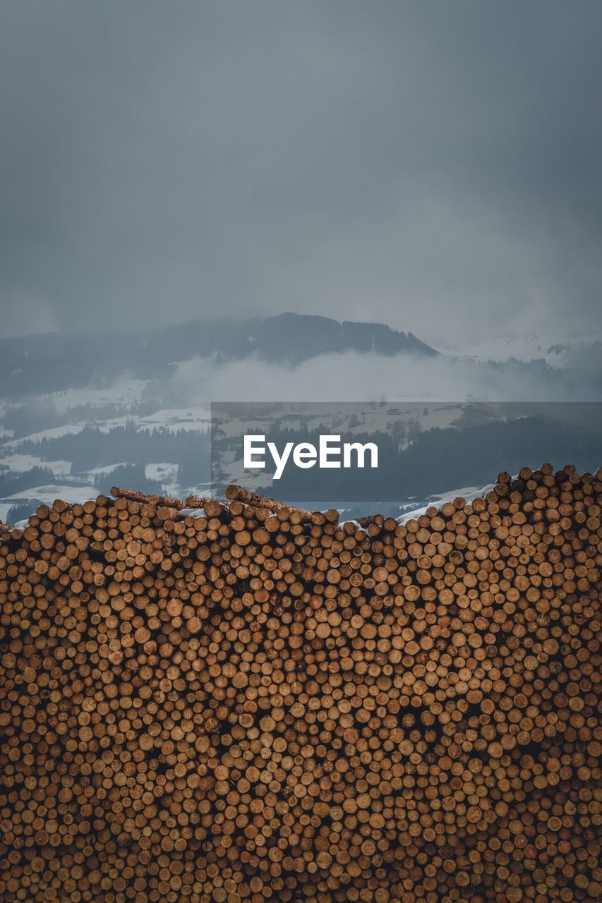 Scenic view of wood piles and mountains against sky