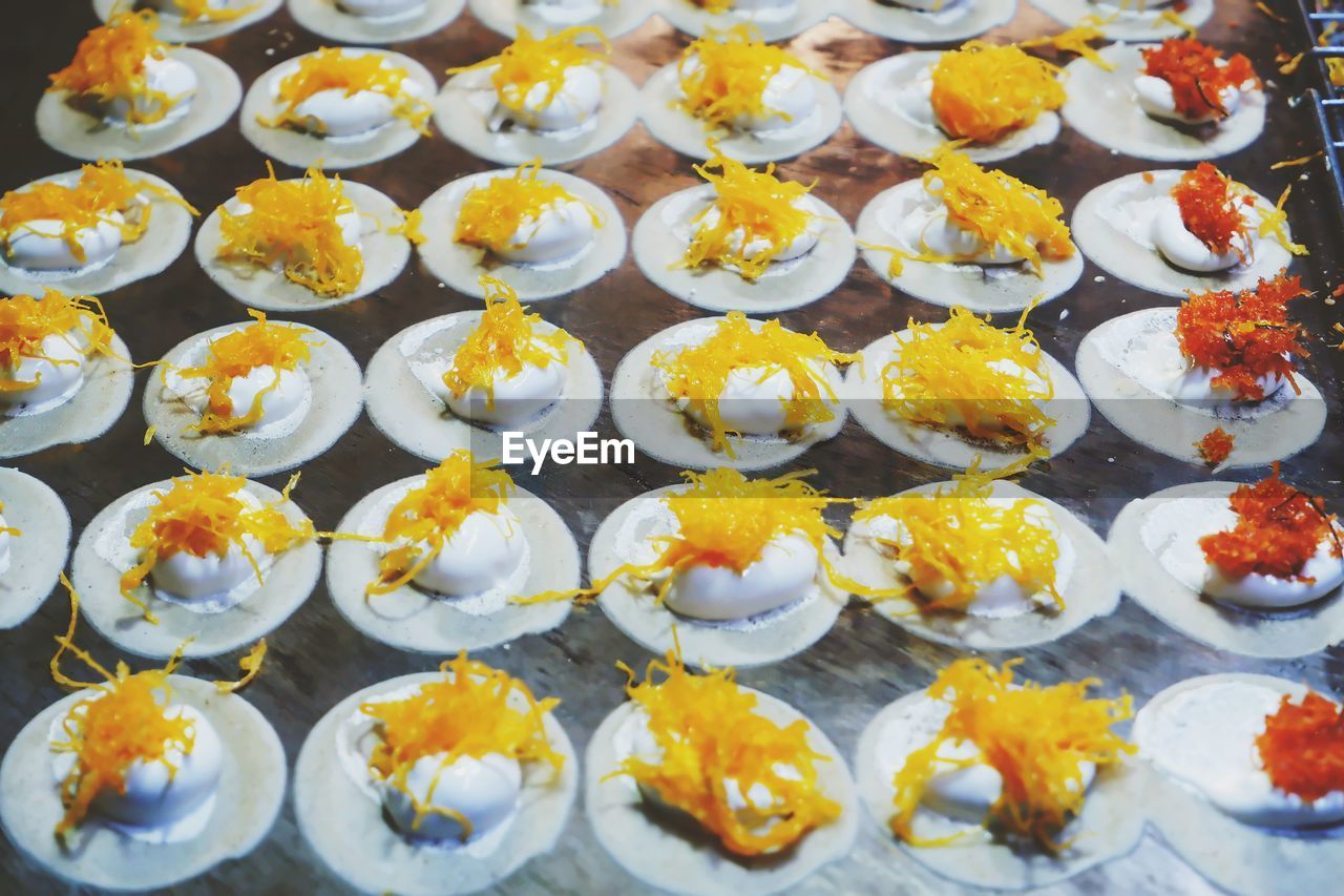 High angle view of ice cream for sale in market, thai pancake