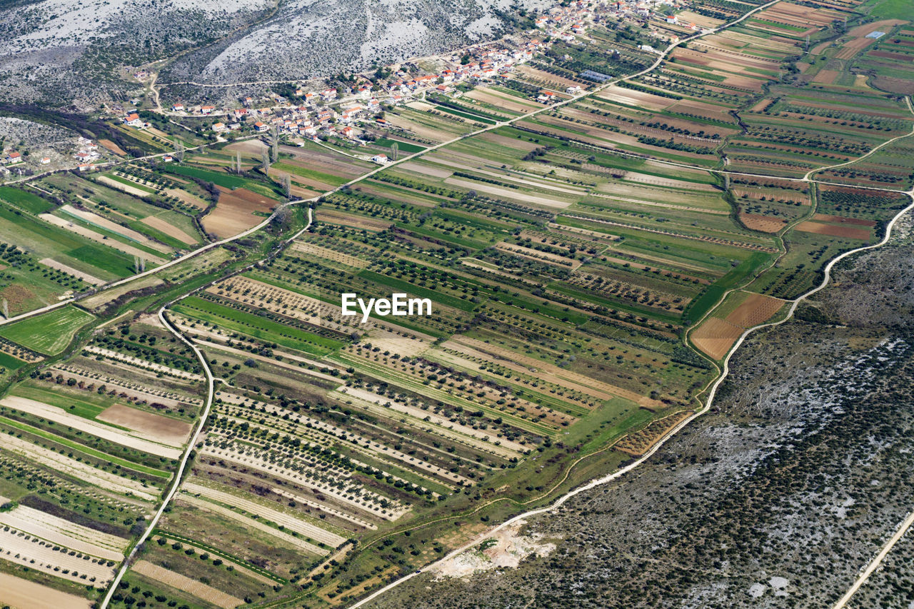 Aerial view of fertile fields in zadar region near adriatic coast