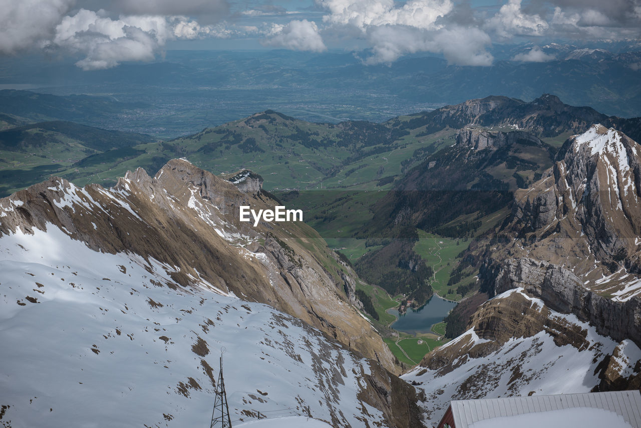 Aerial view of snowcapped mountains against sky