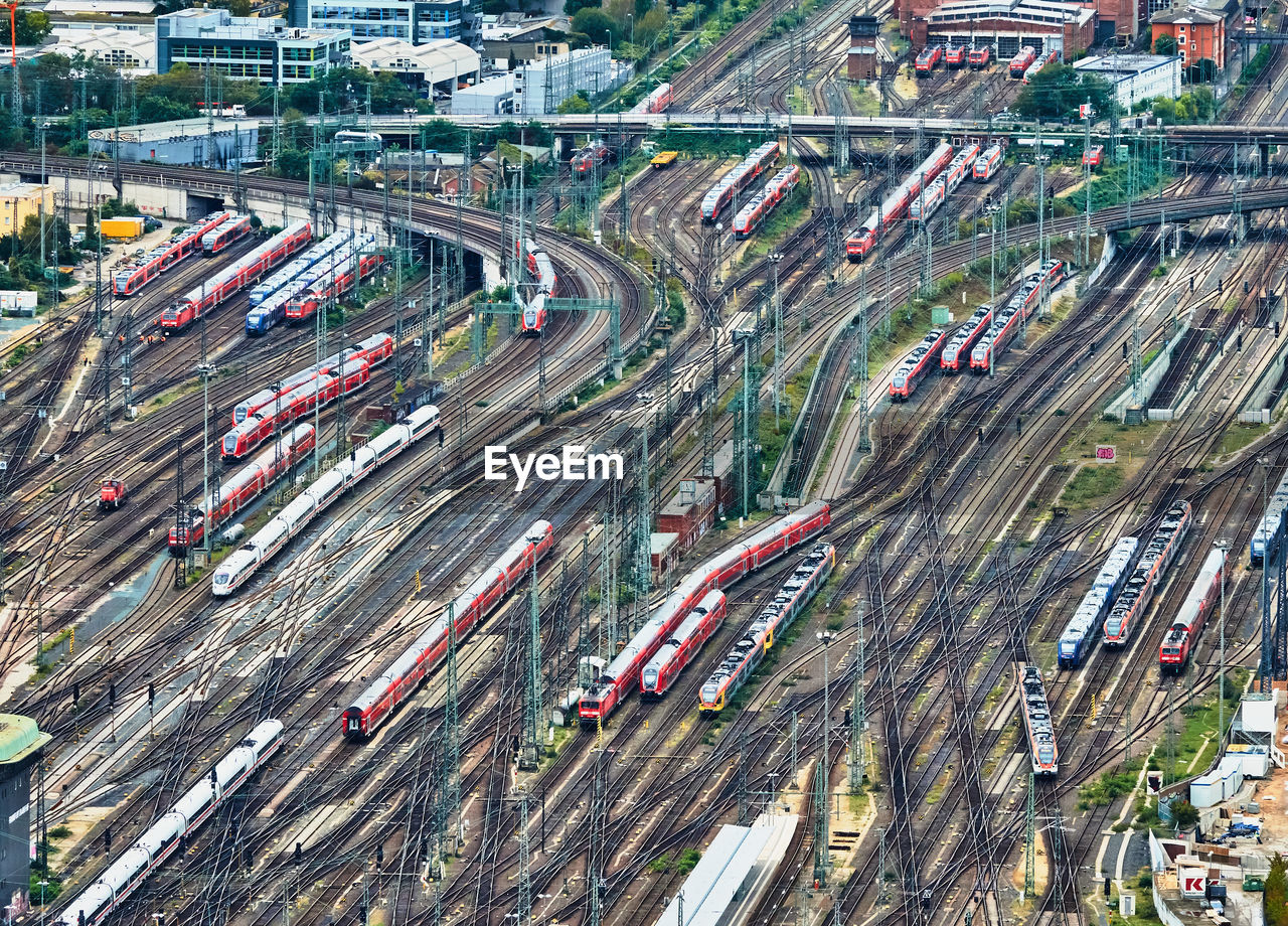 Frankfurt, germany, october 2., 2019,view from above onto the railway tracks of the main station