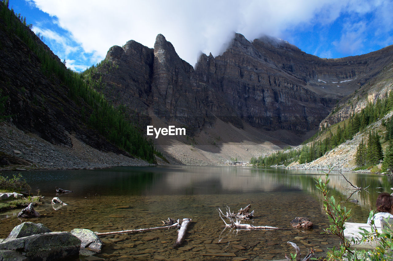 Scenic view of lake and mountains against sky