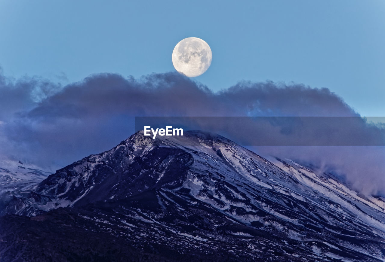 Panoramic view of the snowy peak of etna volcano with moon setting