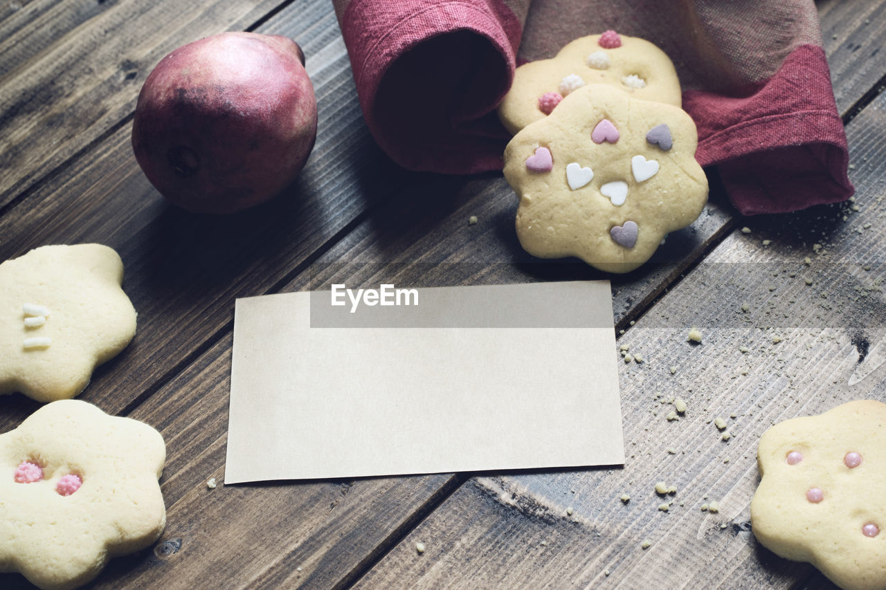 High angle view of cookies on table