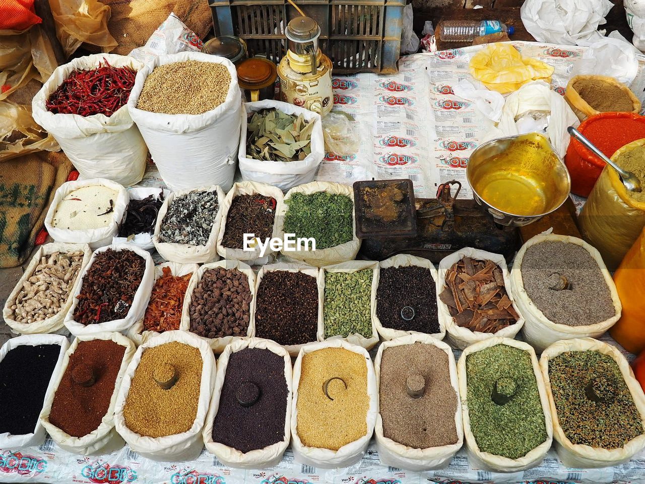 High angle view of spices for sale at market stall