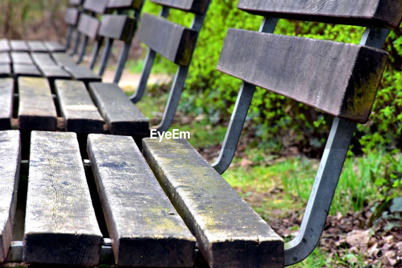 CLOSE-UP OF BENCH IN PARK