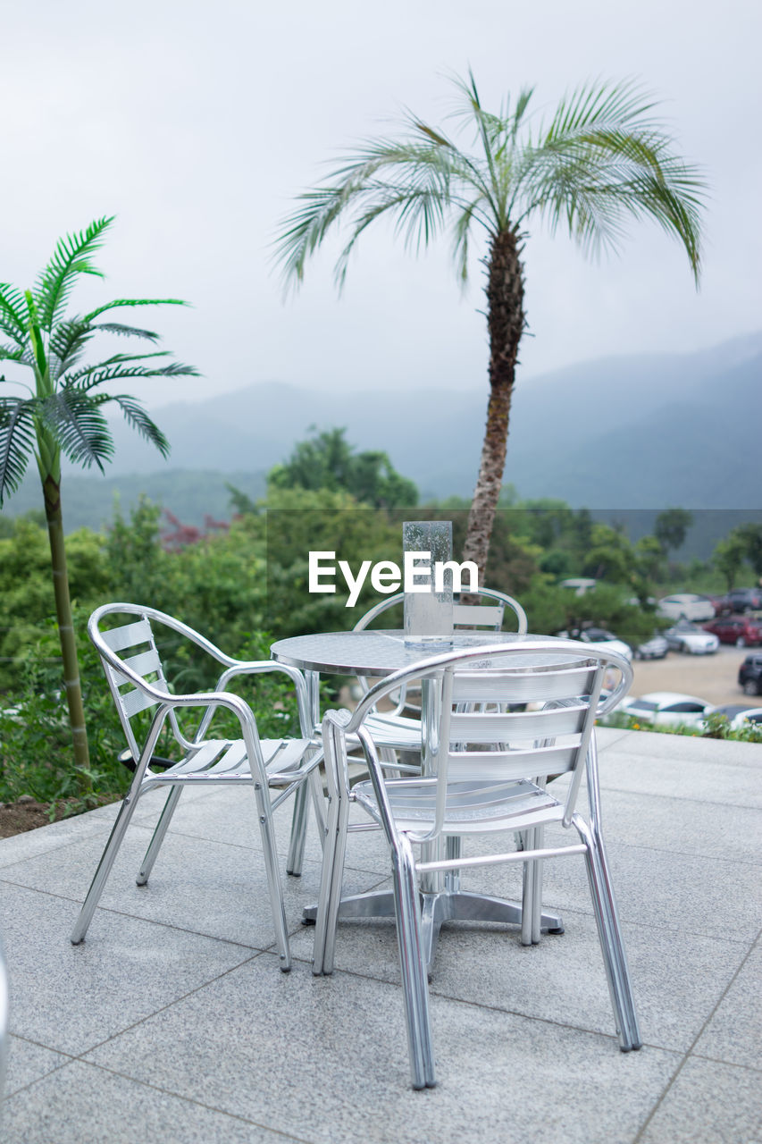 EMPTY CHAIRS AND TABLE ON PALM TREES