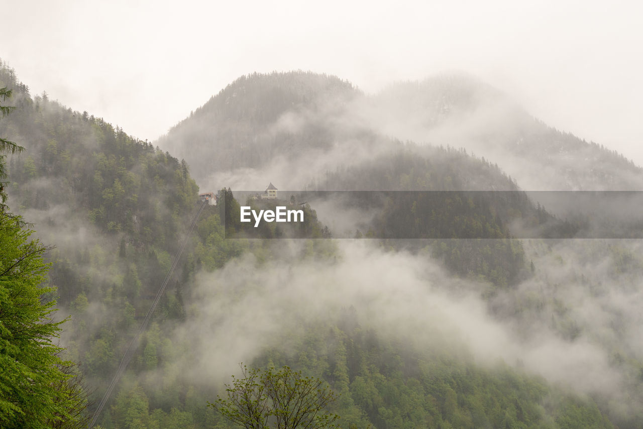 Scenic view of trees and mountains against sky