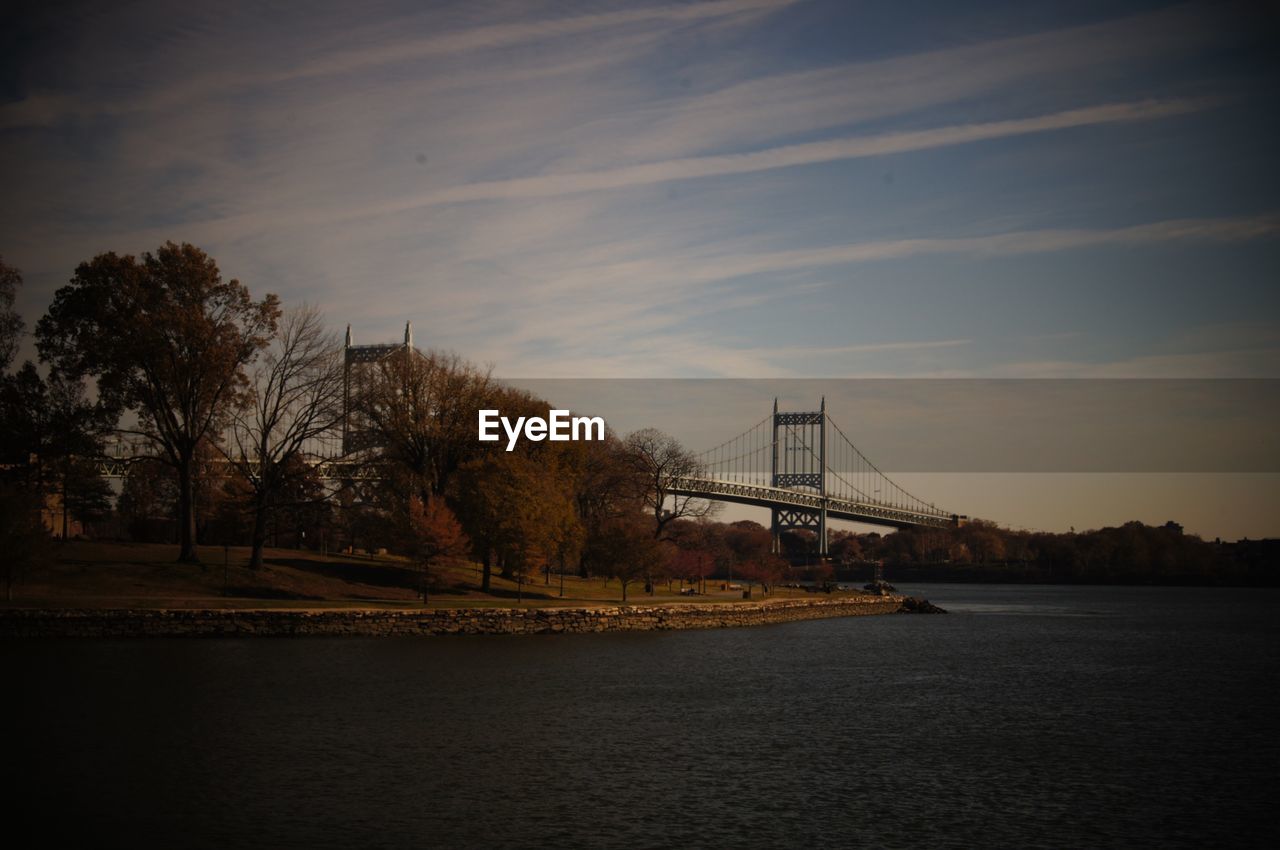 View of suspension bridge over river