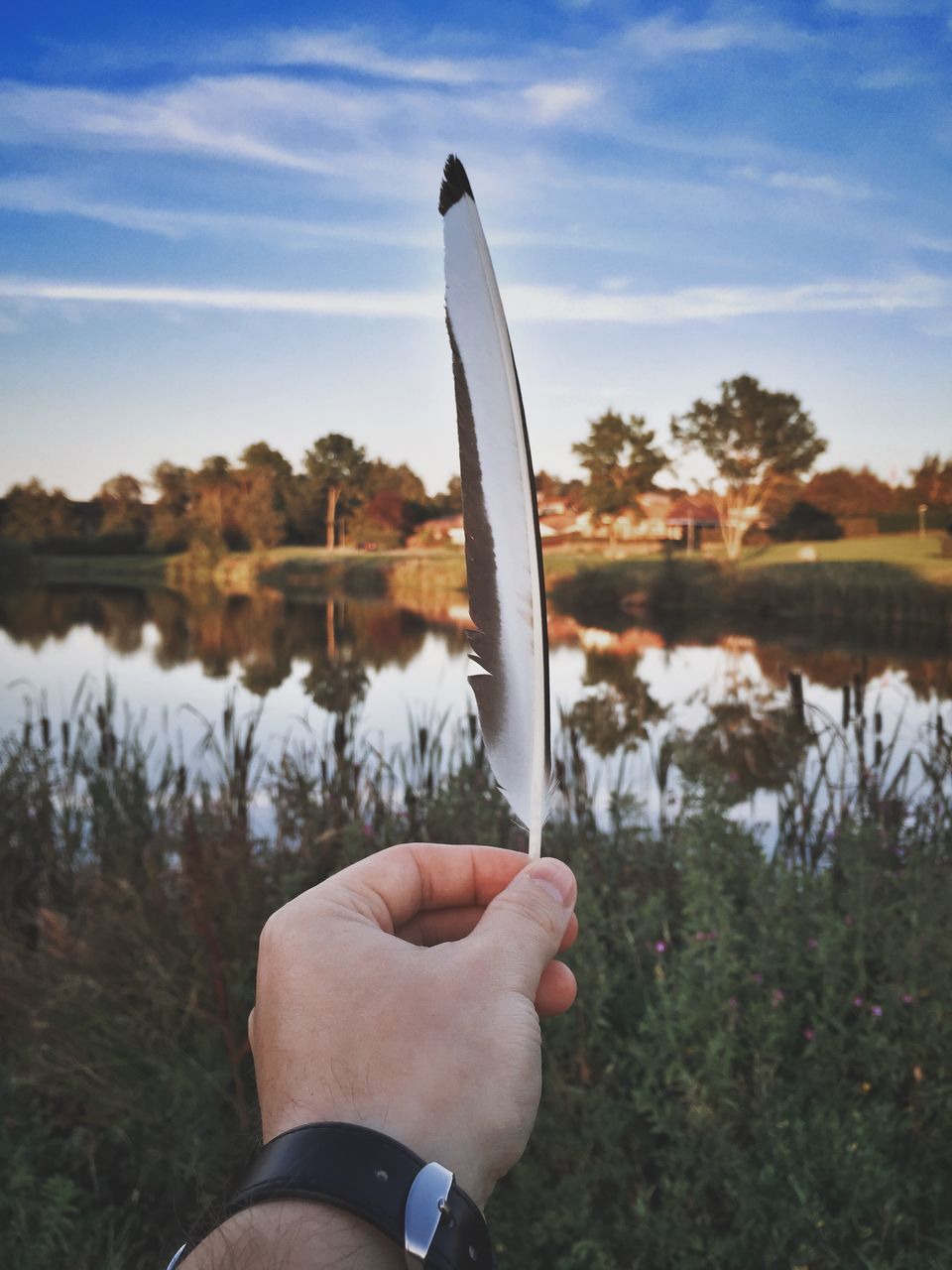 Cropped image of man holding feather against lake 