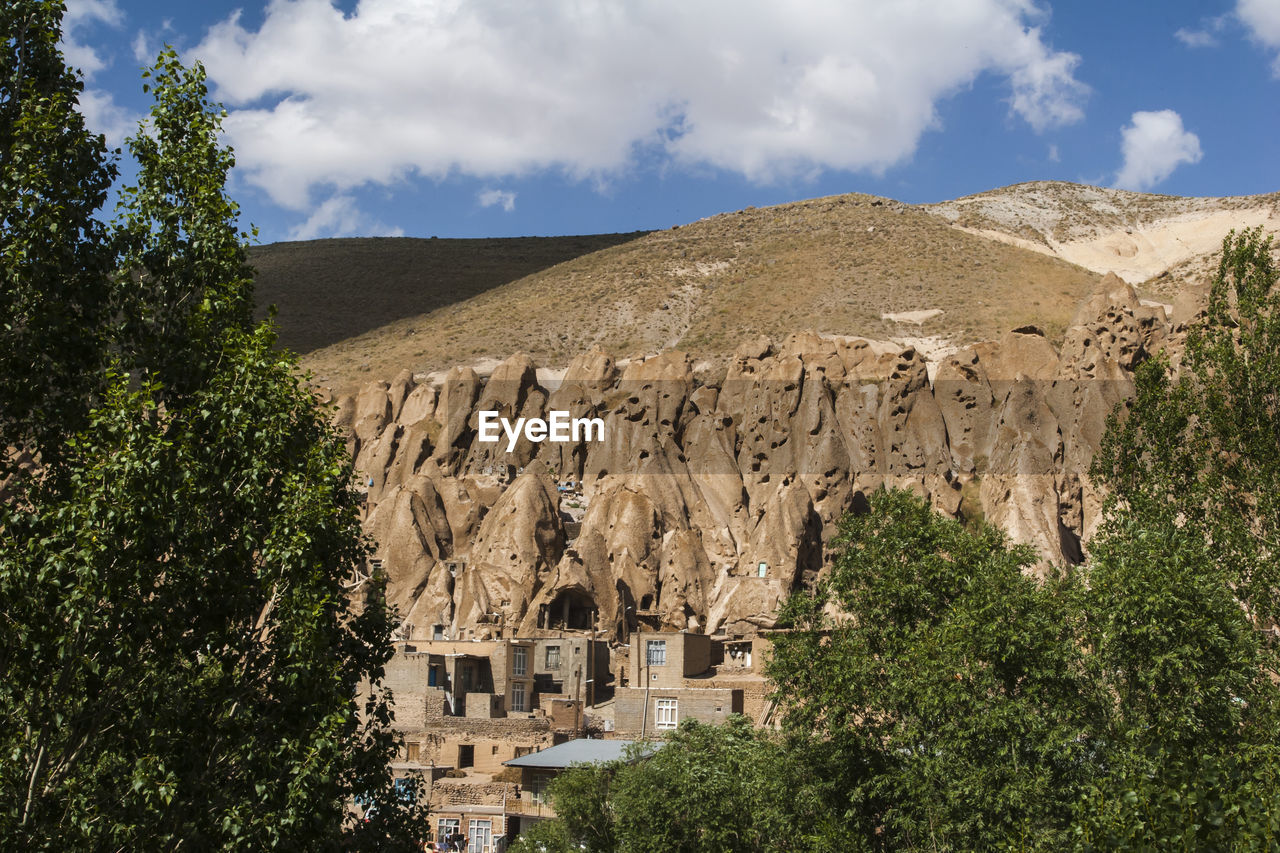 PANORAMIC SHOT OF TREES AND PLANTS GROWING ON MOUNTAIN AGAINST SKY