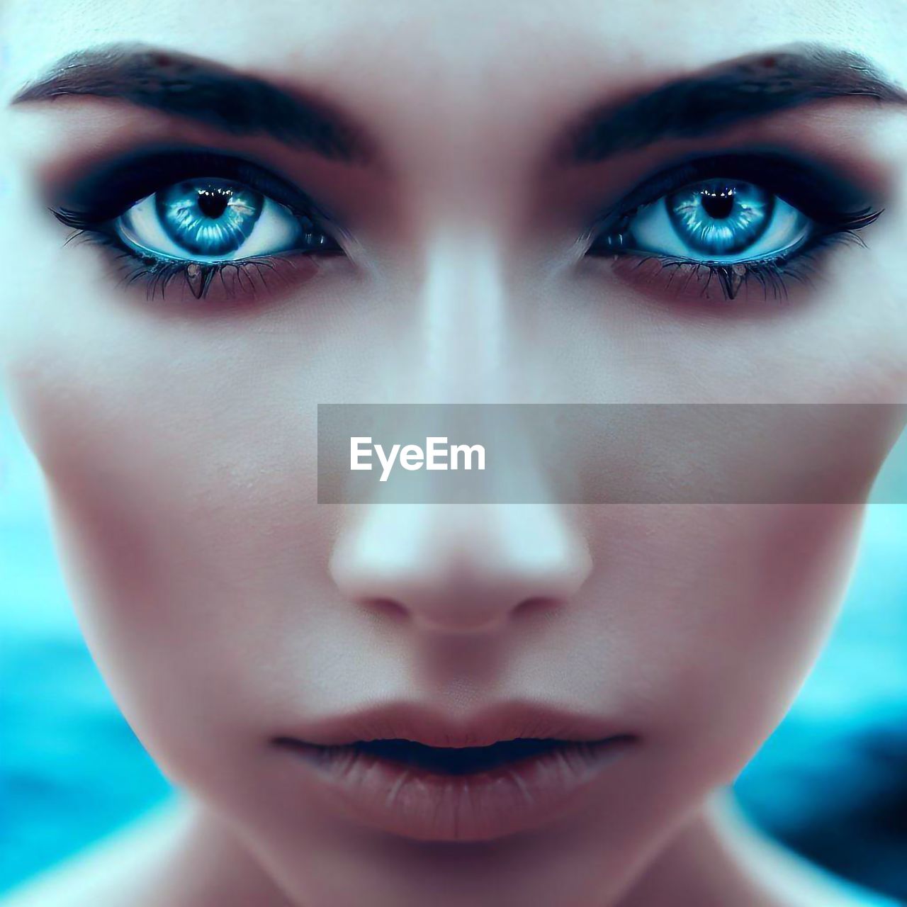 human face, blue, portrait, adult, women, human eye, young adult, looking at camera, one person, eyelash, close-up, nose, eye, skin, human head, blue eyes, make-up, eyebrow, vision care, fashion, female, front view, studio shot, headshot, eyelash extensions, human mouth, human skin, lip, glamour, indoors