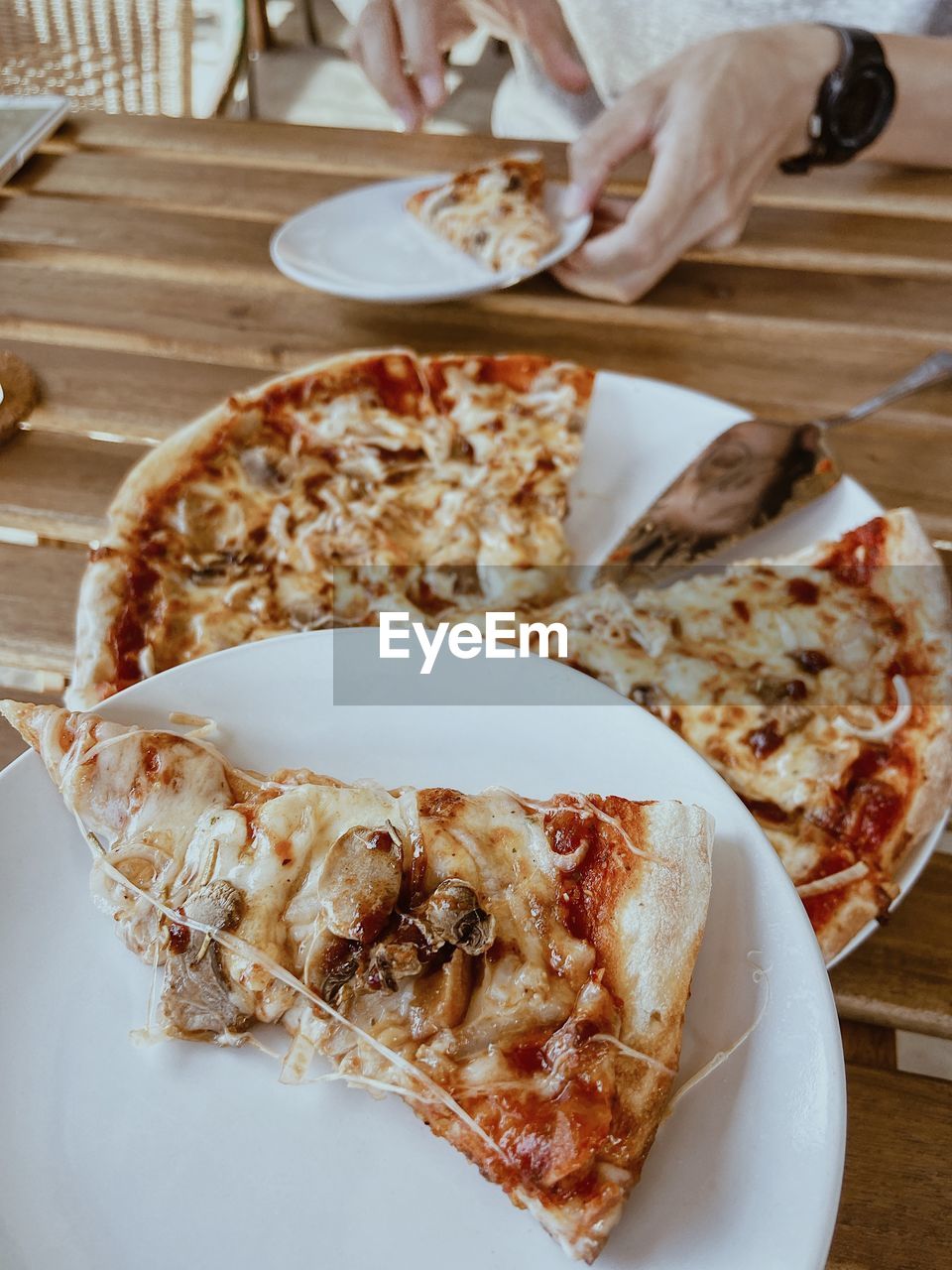 Good view of pizza in plate on table