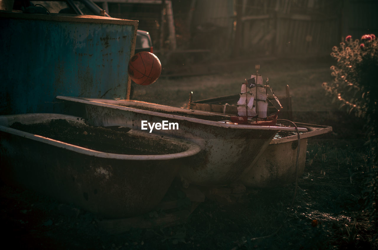 Tilt shift image of ship moored in water