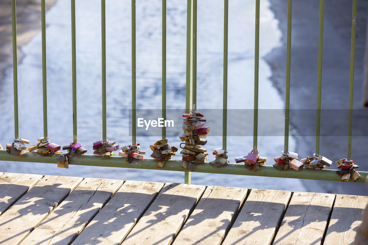 Close-up of plants by railing against fence