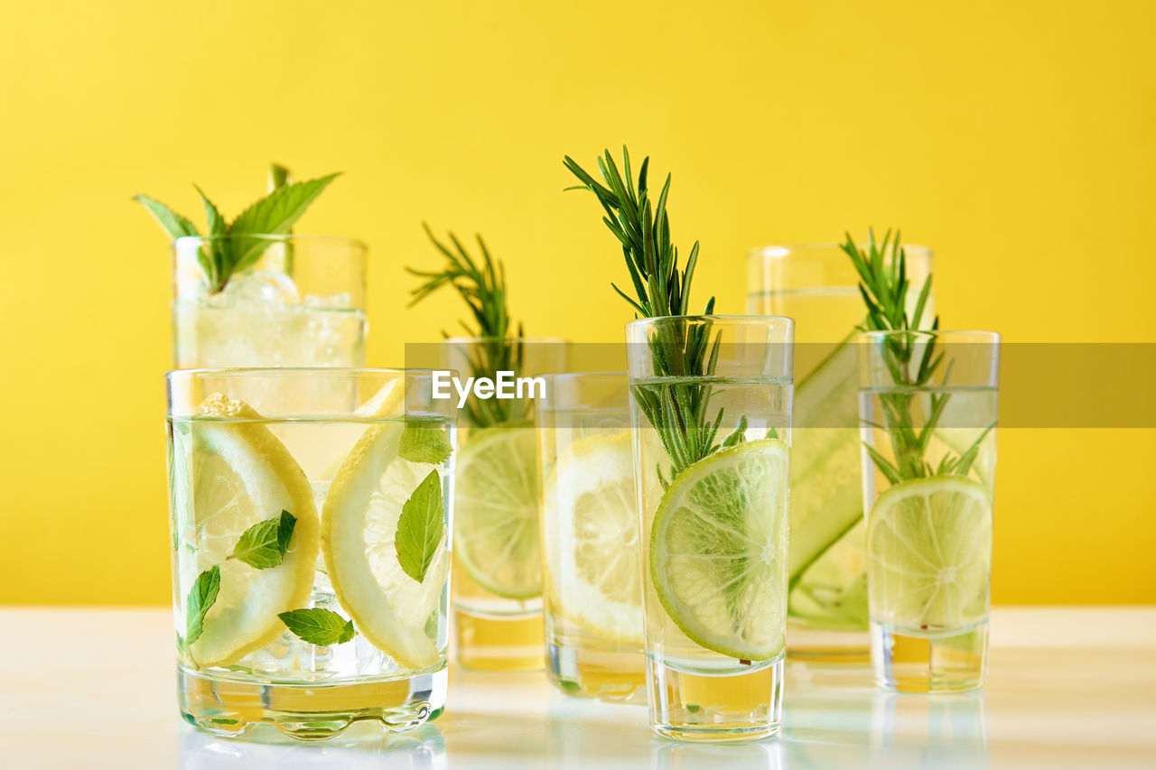 Summer alcoholic cocktail. refreshment lemon soda drink. gin and tonic with lime and rosemary