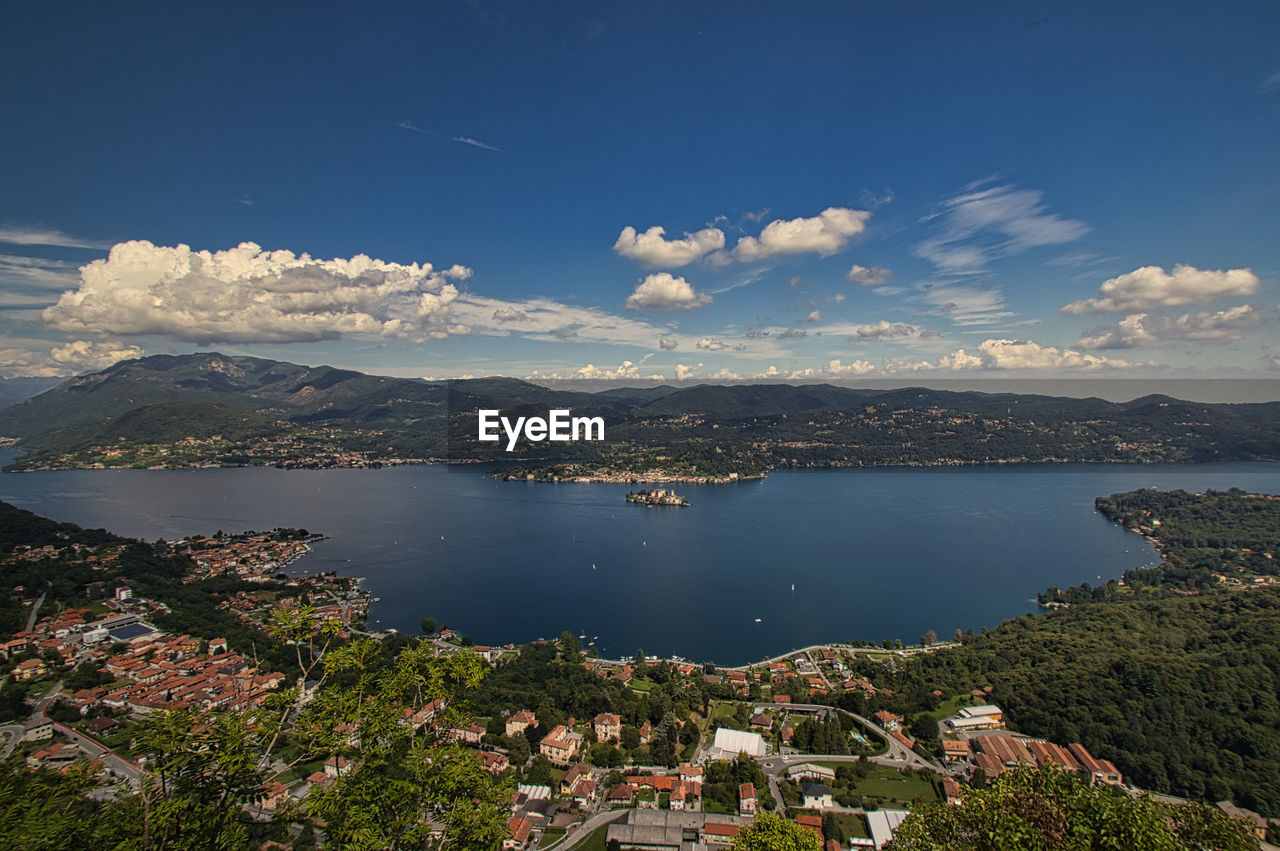 High angle view of lake orta against sky